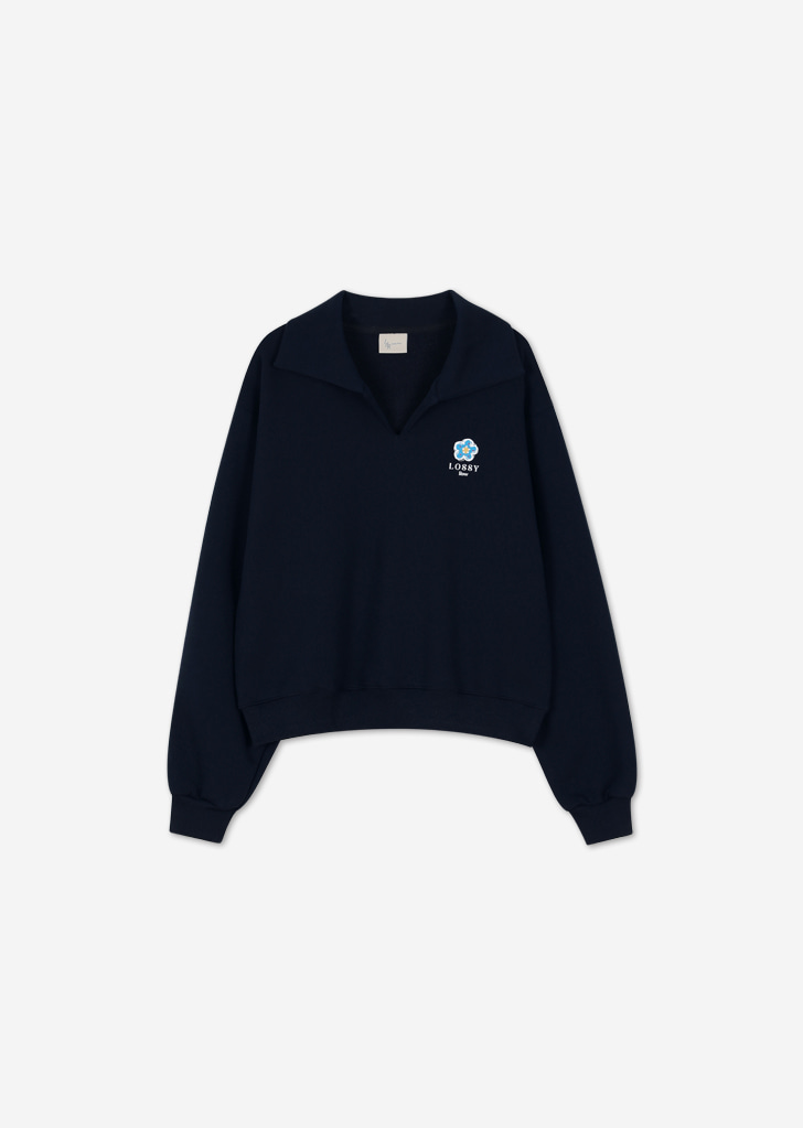 Flower Open collar Sweatshirt [Navy]
