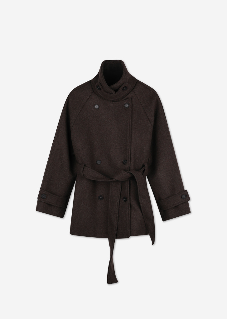 Lossy Belted Double Short Coat [Brown]