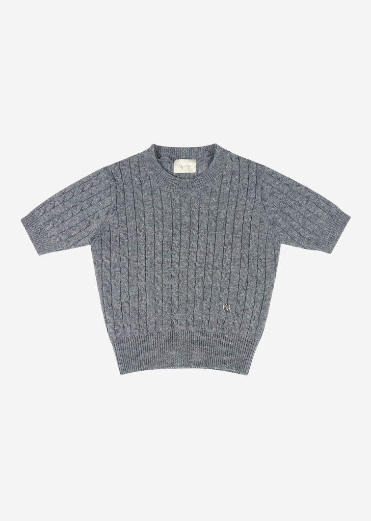 Lossy Row Cashmere Cable Short-Sleeved Round Knit [Dark Gray]