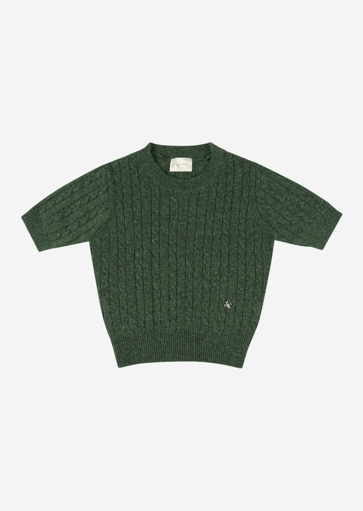Lossy Row Cashmere Cable Short-Sleeved Round Knit [Khaki]