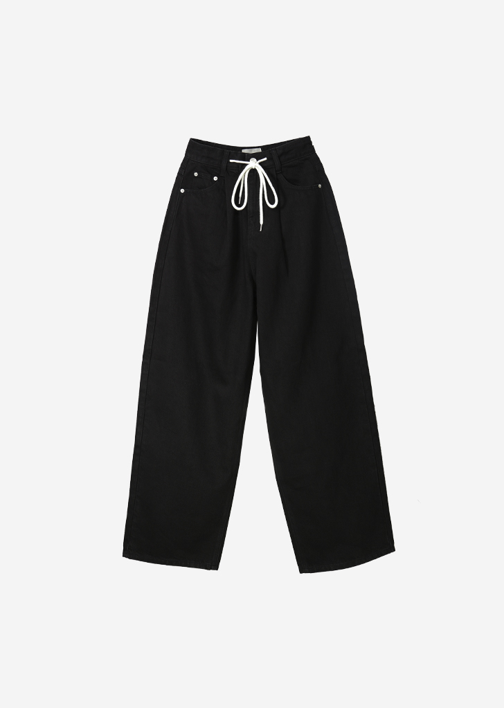 Wide string denim pants [Black]