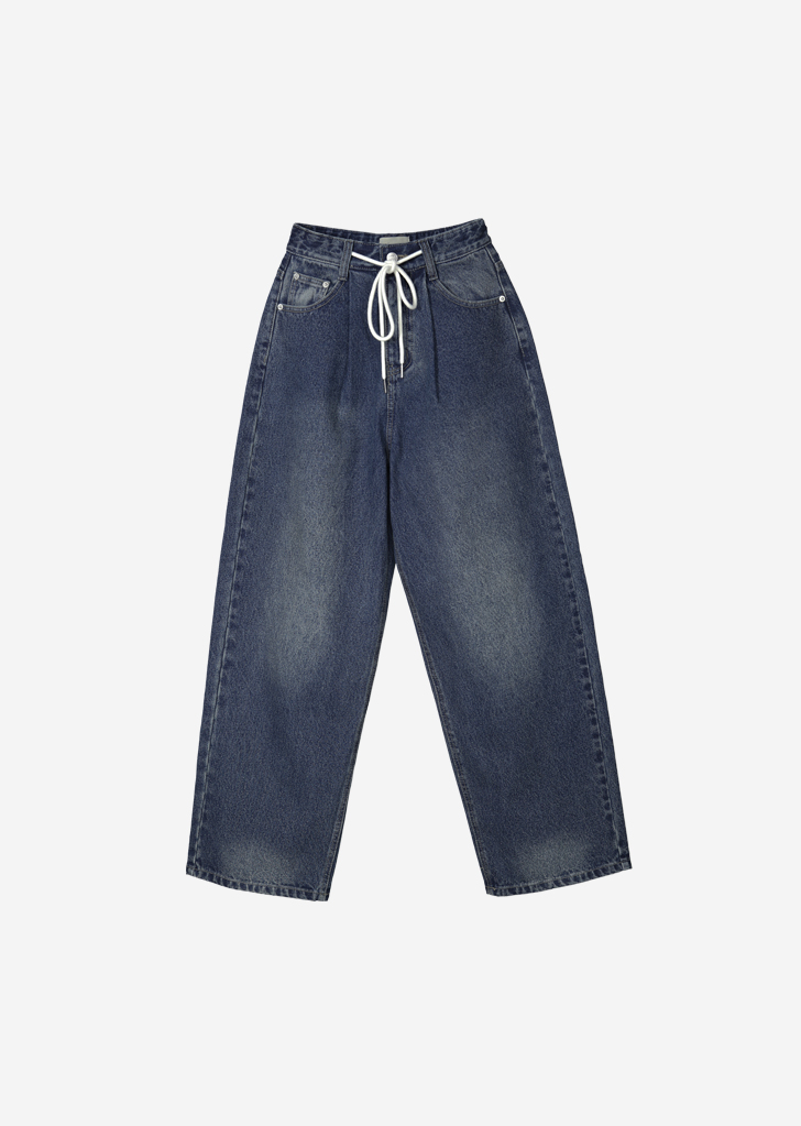 Wide string denim pants [Dark blue]