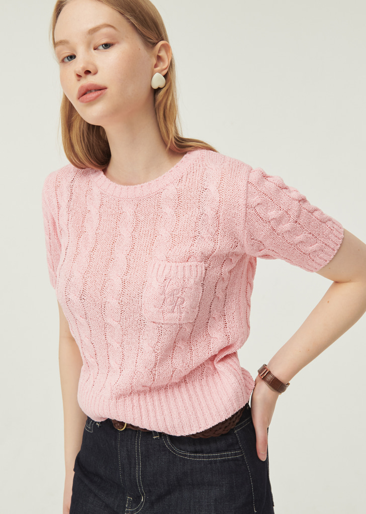 Cable Poket Half Sleeve Knit [Pink]