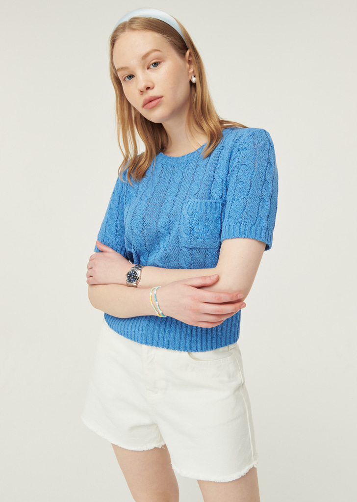 Cable Poket Half Sleeve Knit [Blue]