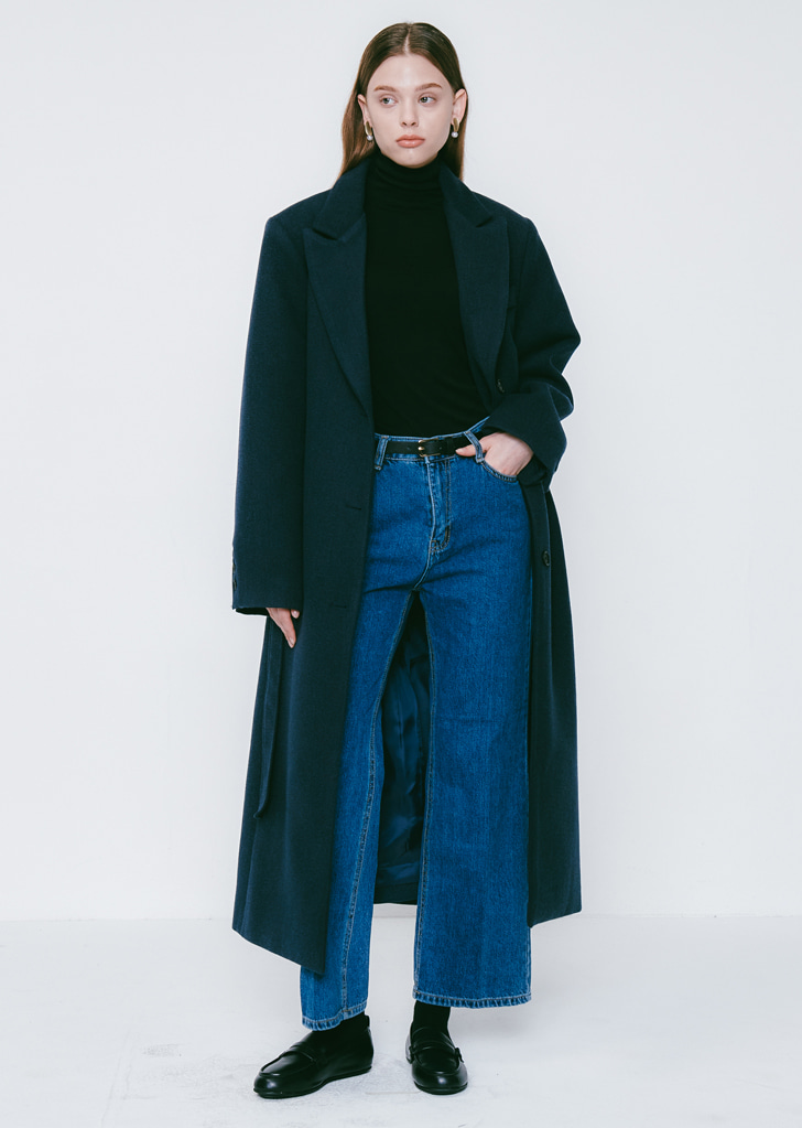 Lossy Belted Single Long Coat [Navy]