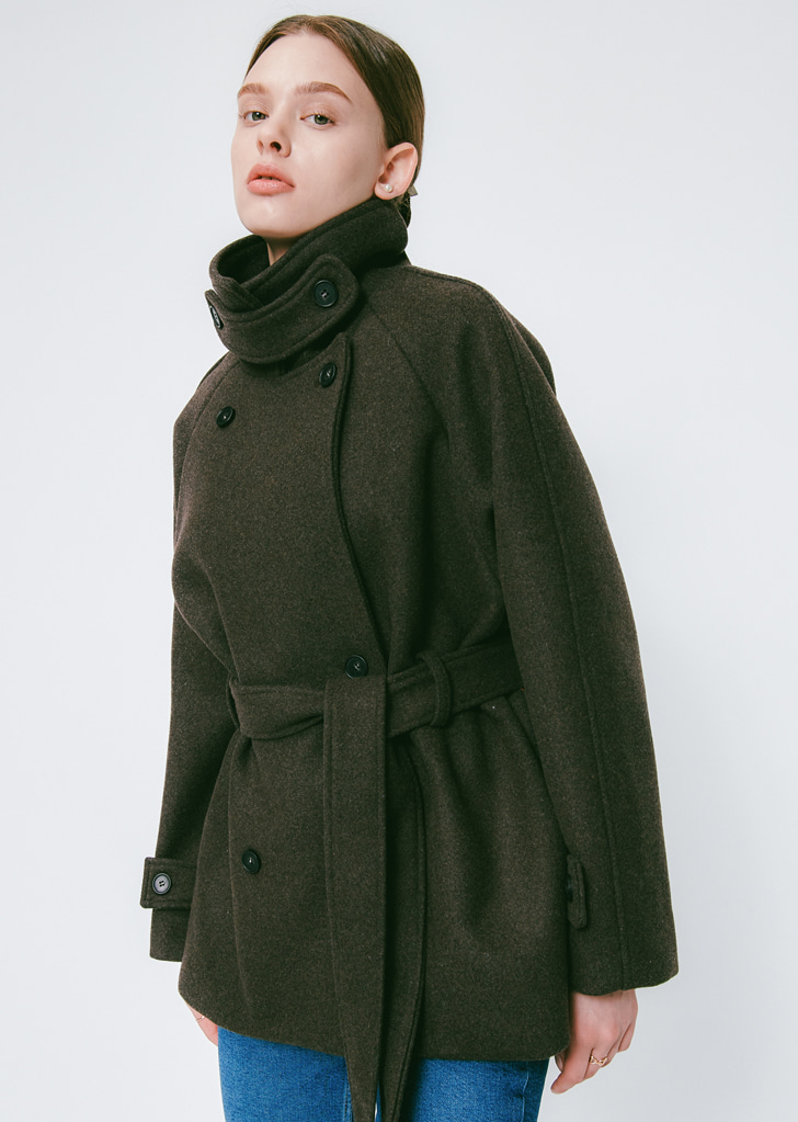 Lossy Belted Double Short Coat [Brown]
