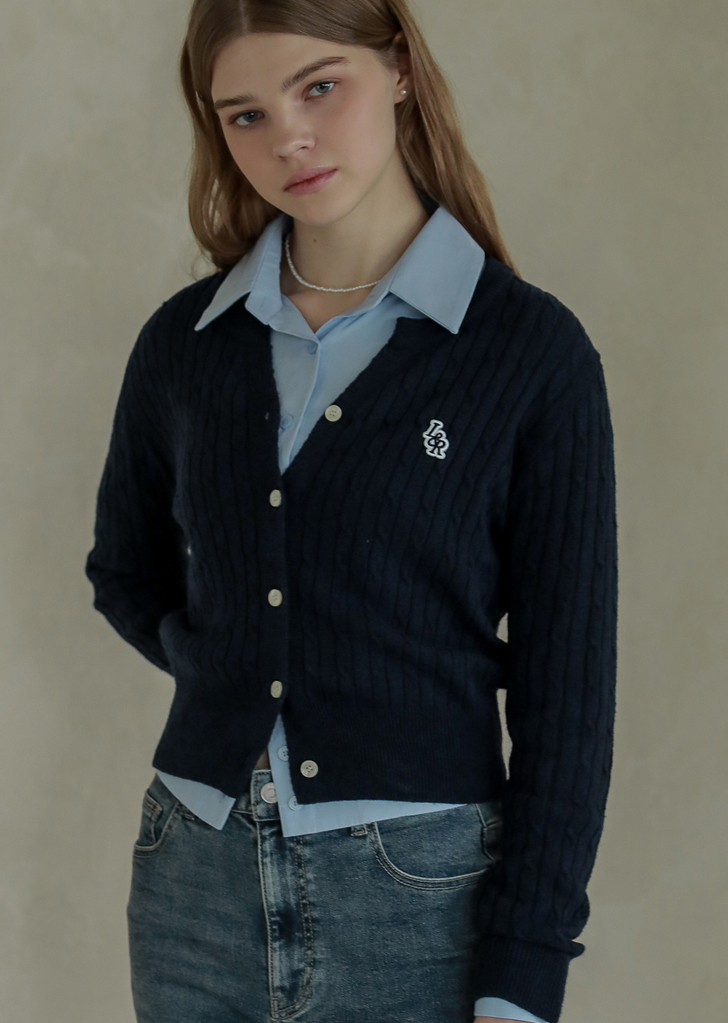 Lossy Row Cashmere Cable Patch Cardigan [Navy]