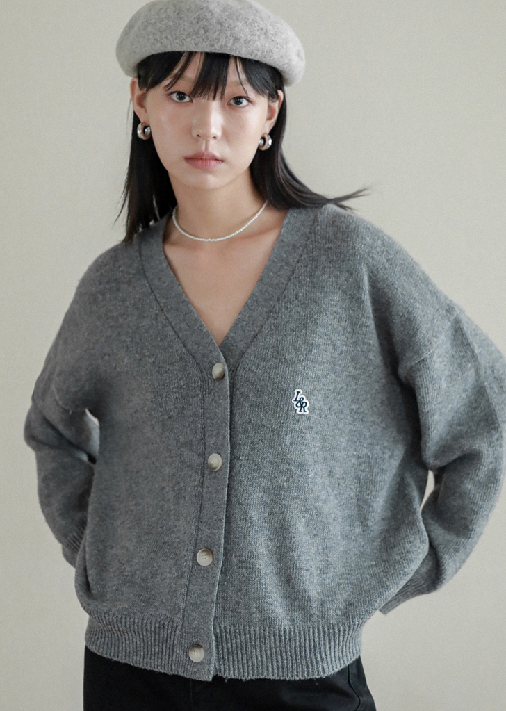 Lossy Row Cashmere Patch V Cardigan [Gray]