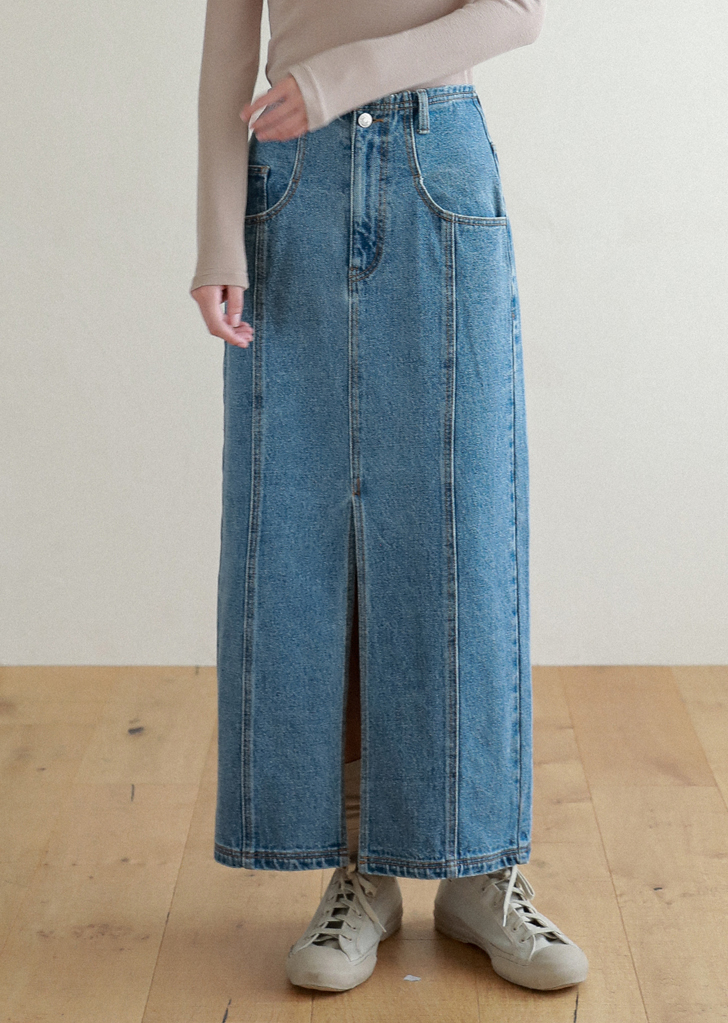 Lossy Row slit washing long denim skirt [Blue]